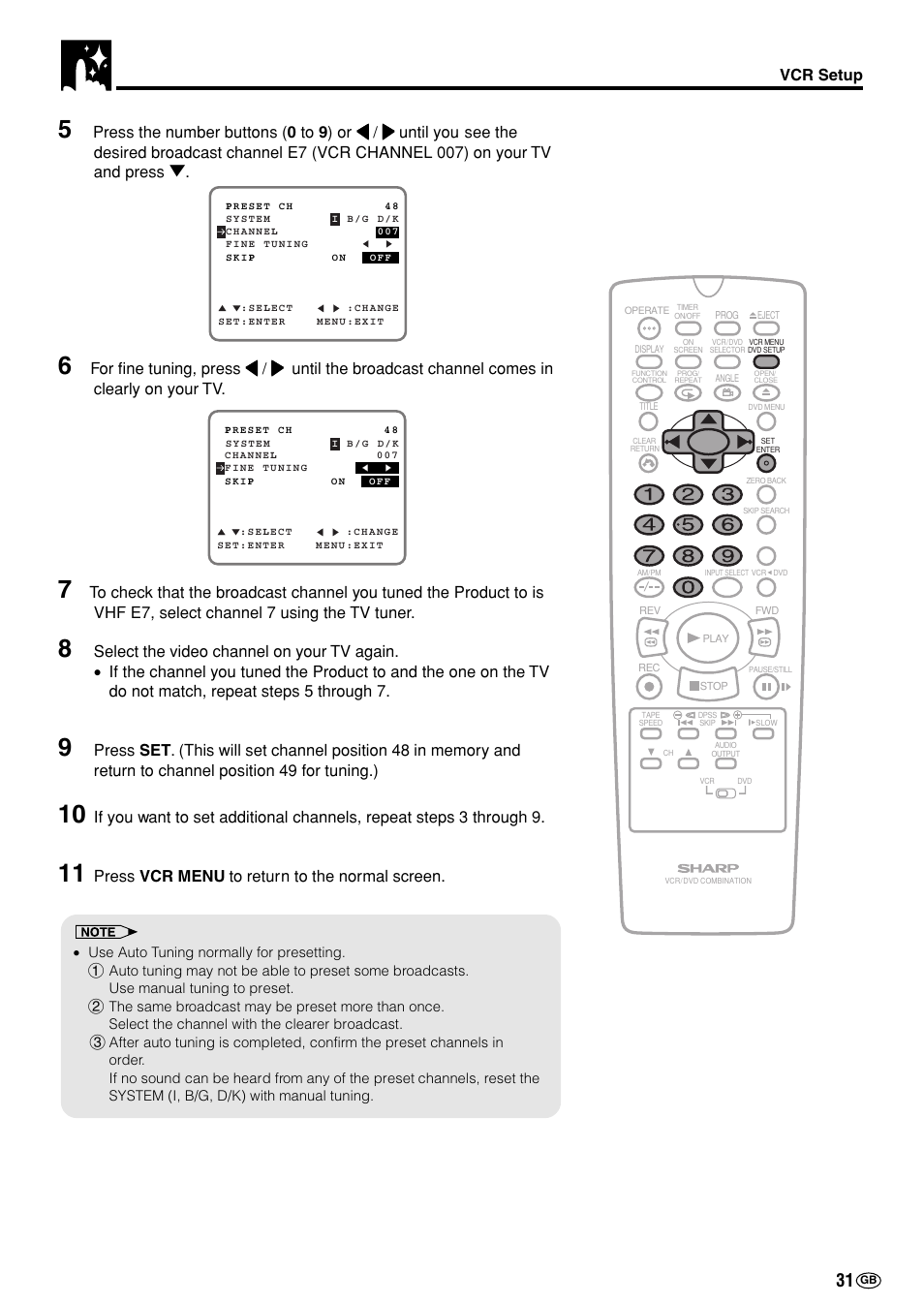 Vcr setup, Press vcr menu to return to the normal screen | Sharp DV-NC70(RU) User Manual | Page 33 / 104