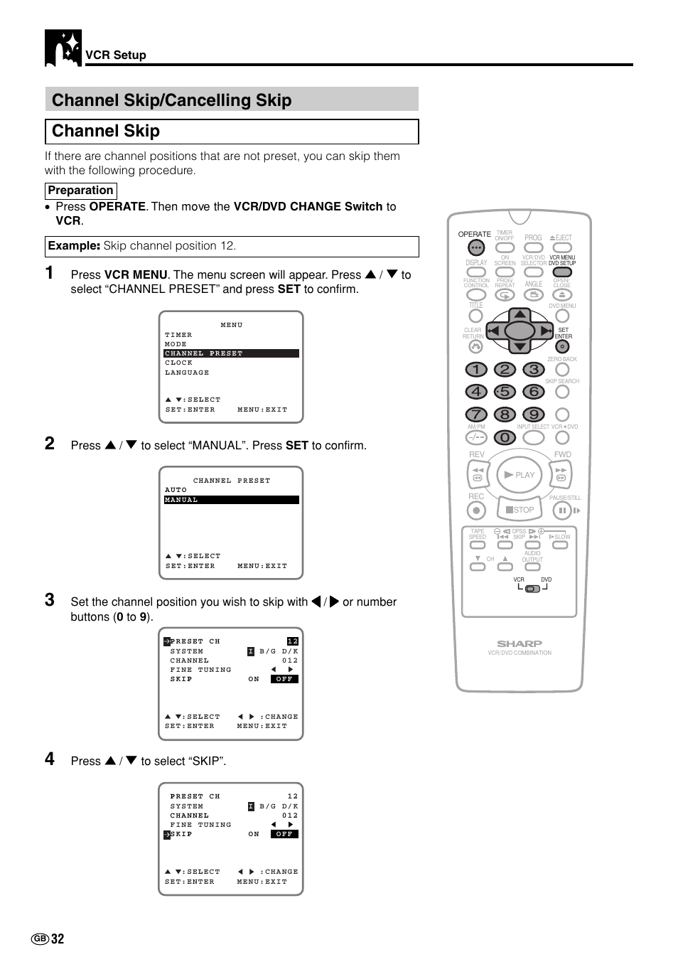 Channel skip/cancelling skip channel skip, Vcr setup, Press ' / 