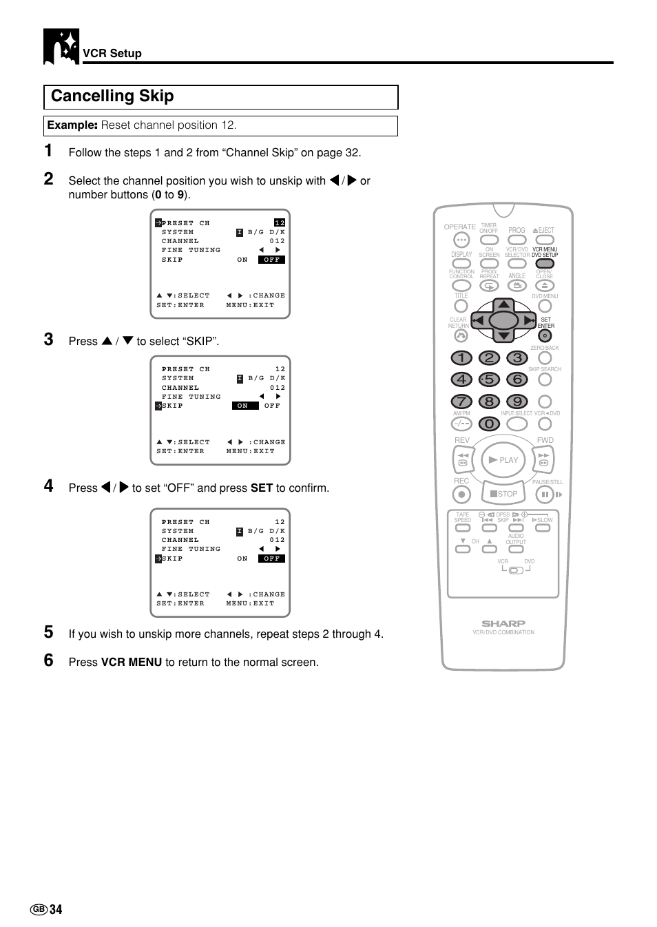 Cancelling skip, Vcr setup, Example: reset channel position 12 | Press ' / 