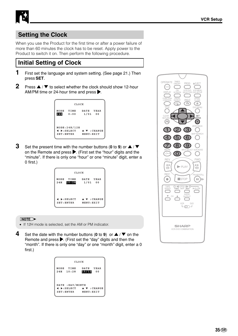 Setting the clock, Initial setting of clock, Vcr setup | Sharp DV-NC70(RU) User Manual | Page 37 / 104