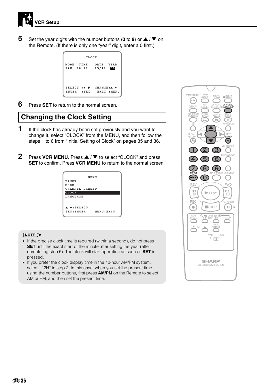 Changing the clock setting, Vcr setup, Press set to return to the normal screen | Sharp DV-NC70(RU) User Manual | Page 38 / 104