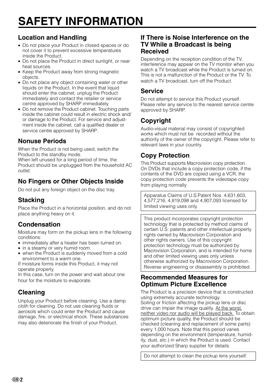 Safety information, Location and handling, Nonuse periods | No fingers or other objects inside, Stacking, Condensation, Cleaning, Service, Copyright, Copy protection | Sharp DV-NC70(RU) User Manual | Page 4 / 104