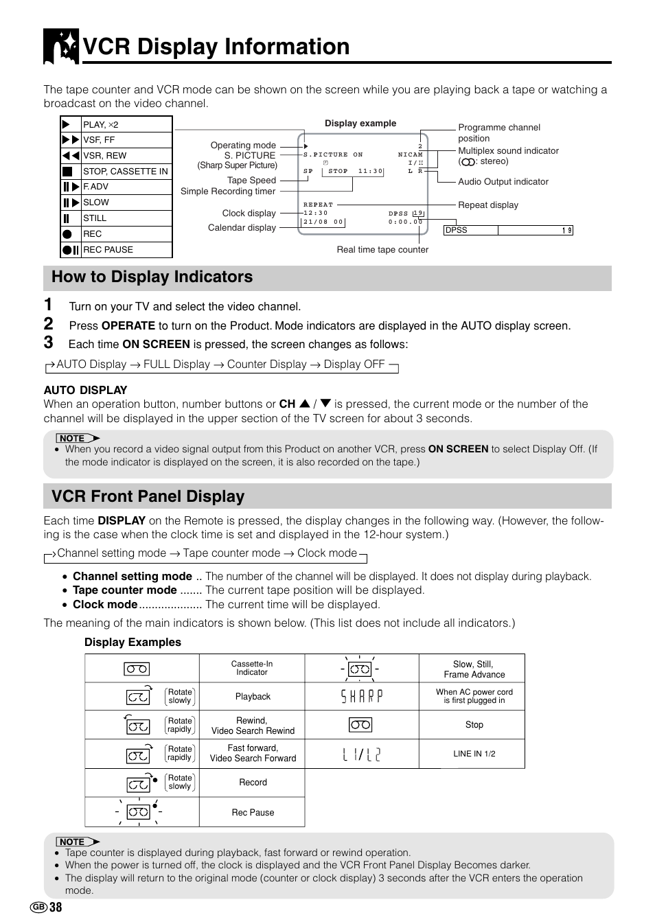 Vcr display information, How to display indicators, Vcr front panel display | Sharp DV-NC70(RU) User Manual | Page 40 / 104