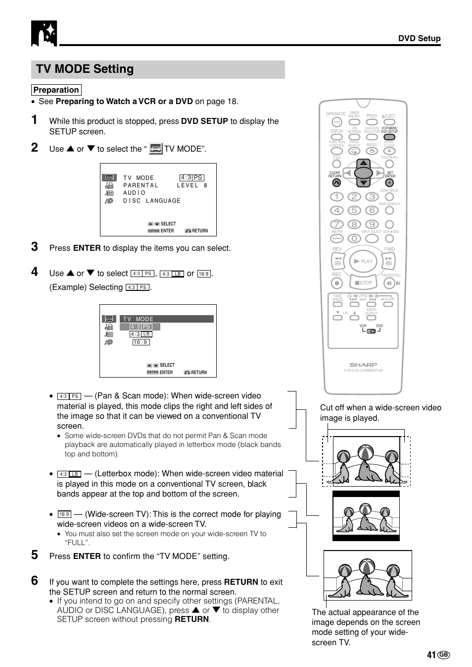 Tv mode setting, Dvd setup, Use ' or 