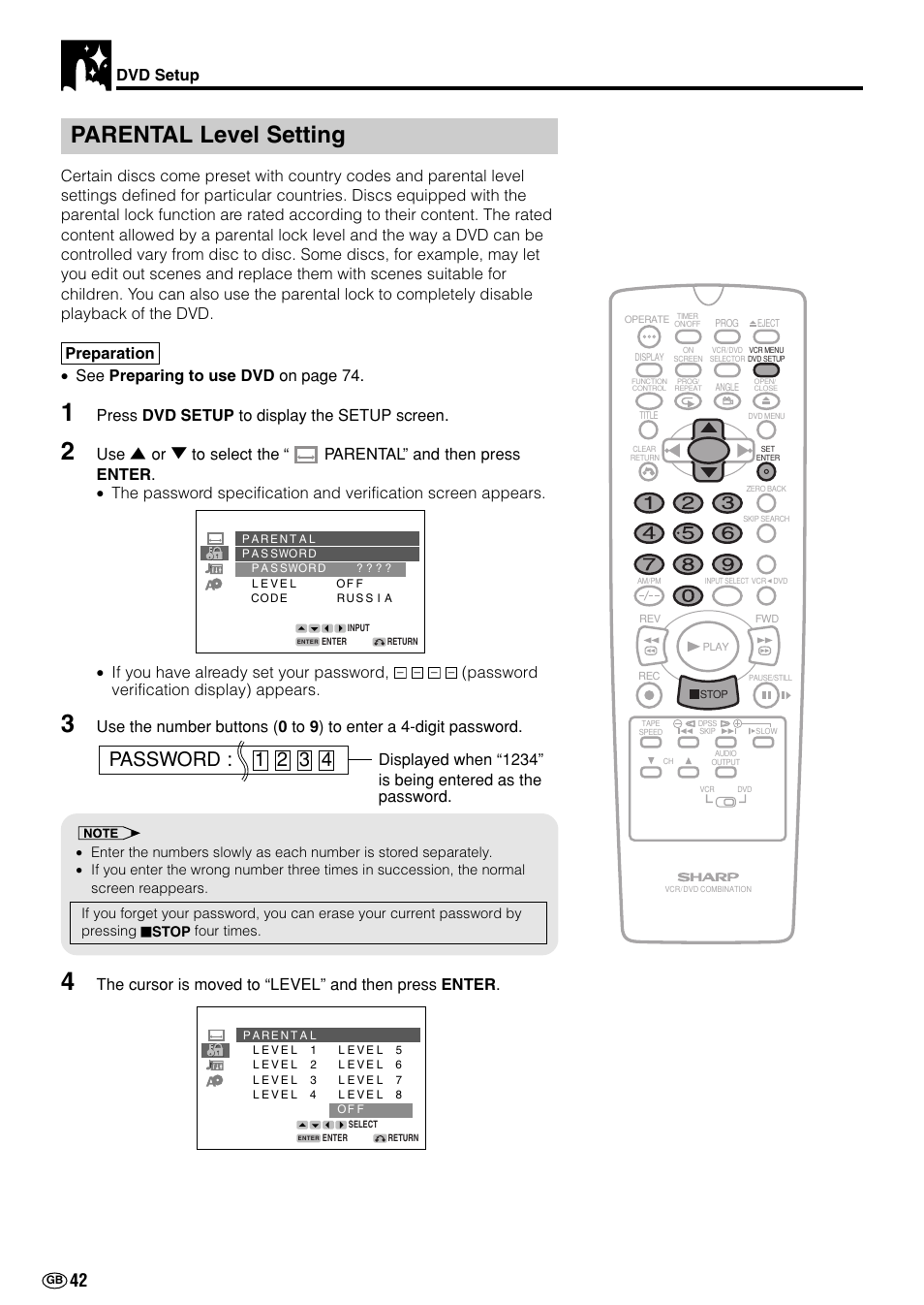 Parental level setting, Password : 1 2 3 4, Dvd setup | Press dvd setup to display the setup screen | Sharp DV-NC70(RU) User Manual | Page 44 / 104