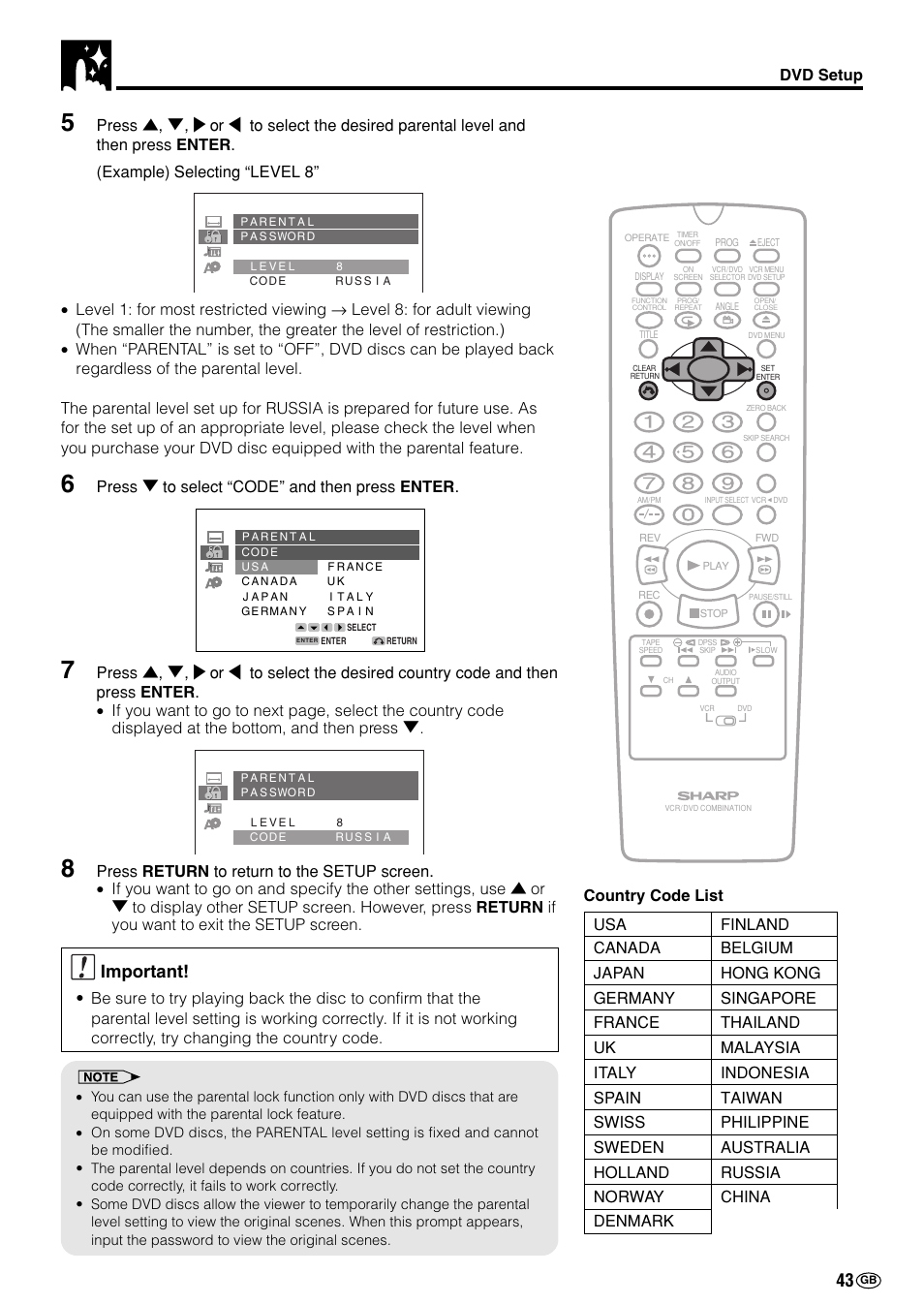 Important | Sharp DV-NC70(RU) User Manual | Page 45 / 104