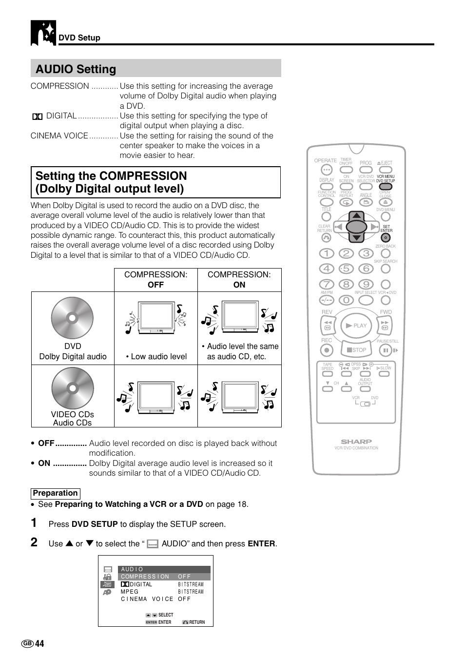 Audio setting, Dvd setup, Press dvd setup to display the setup screen | Sharp DV-NC70(RU) User Manual | Page 46 / 104