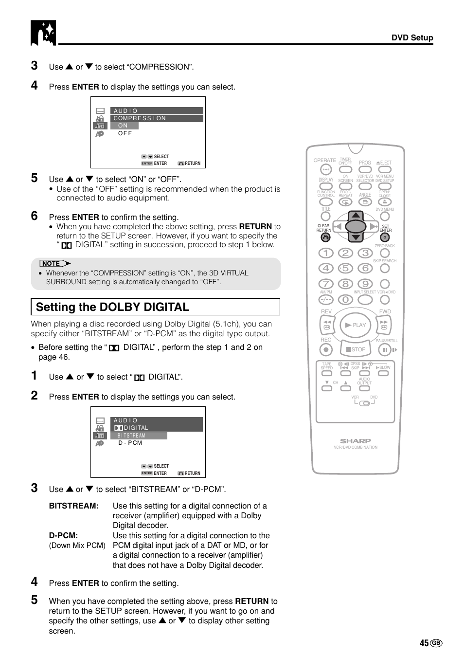 Setting the dolby digital, Dvd setup, Use ' or 