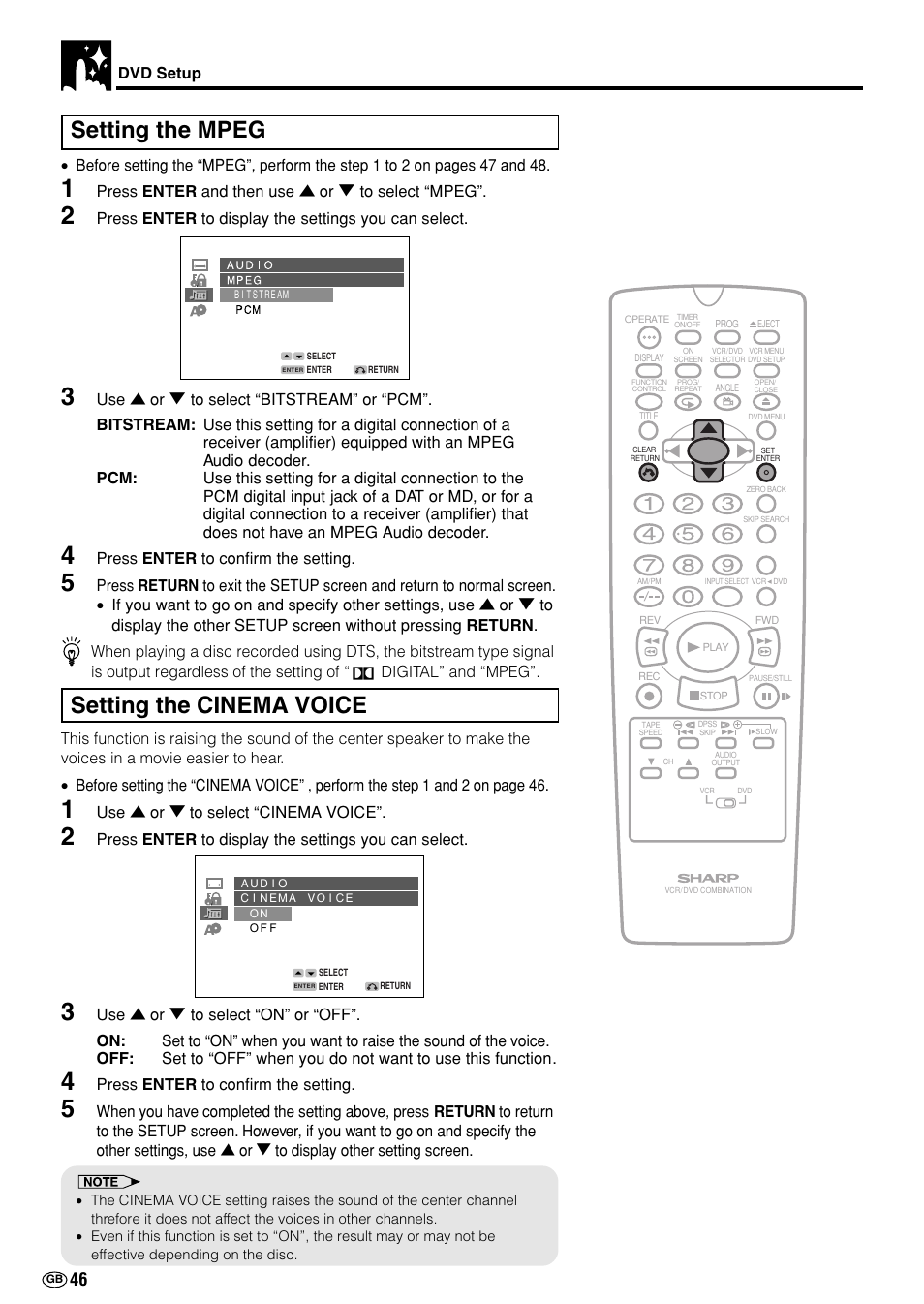 Setting the mpeg, Setting the cinema voice | Sharp DV-NC70(RU) User Manual | Page 48 / 104