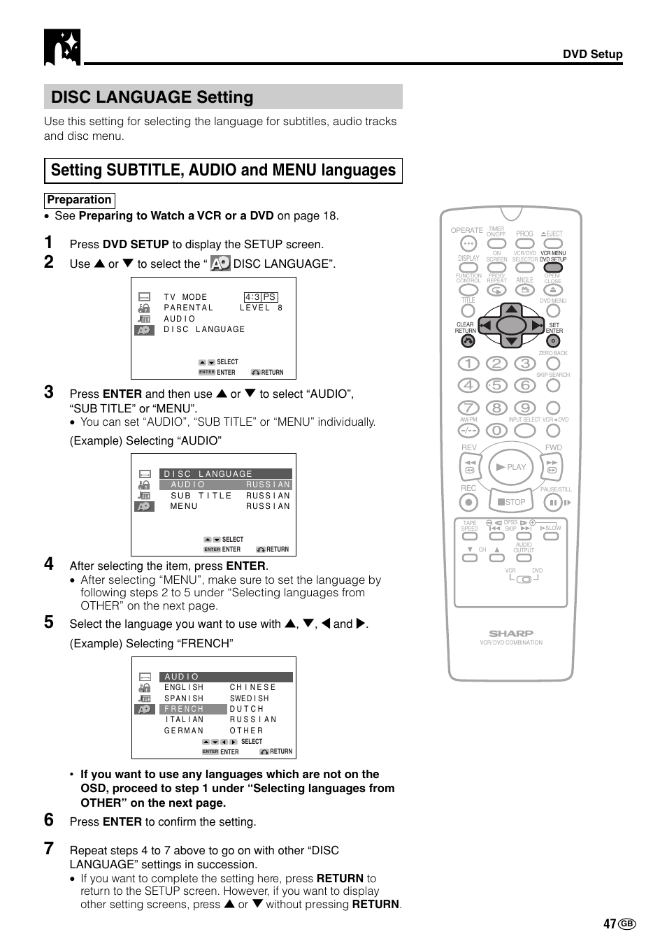 Disc language setting, Setting subtitle, audio and menu languages, Dvd setup | Press dvd setup to display the setup screen, Use ' or 