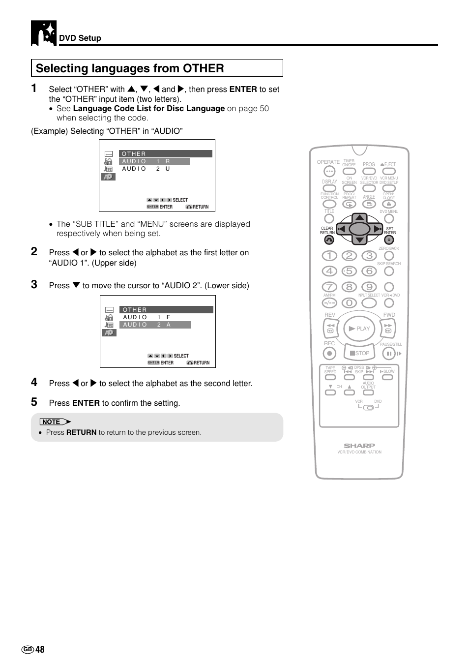 Selecting languages from other 1, Dvd setup, Press enter to confirm the setting | Sharp DV-NC70(RU) User Manual | Page 50 / 104