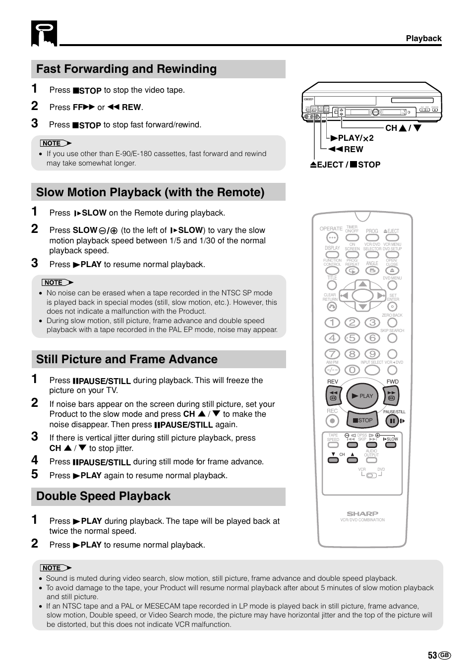 Fast forwarding and rewinding, Slow motion playback (with the remote), Still picture and frame advance | Double speed playback | Sharp DV-NC70(RU) User Manual | Page 55 / 104