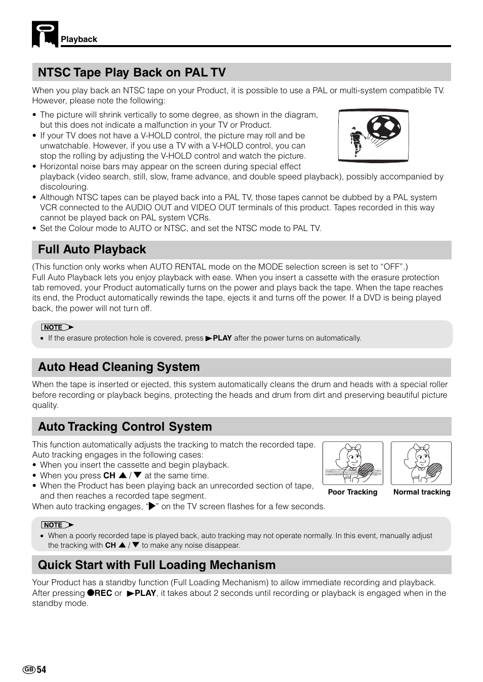 Ntsc tape play back on pal tv, Full auto playback, Auto head cleaning system | Auto tracking control system, Quick start with full loading mechanism | Sharp DV-NC70(RU) User Manual | Page 56 / 104