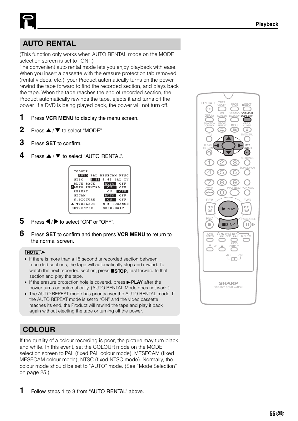 Auto rental, Colour, Playback | Press vcr menu to display the menu screen, Press ' / 