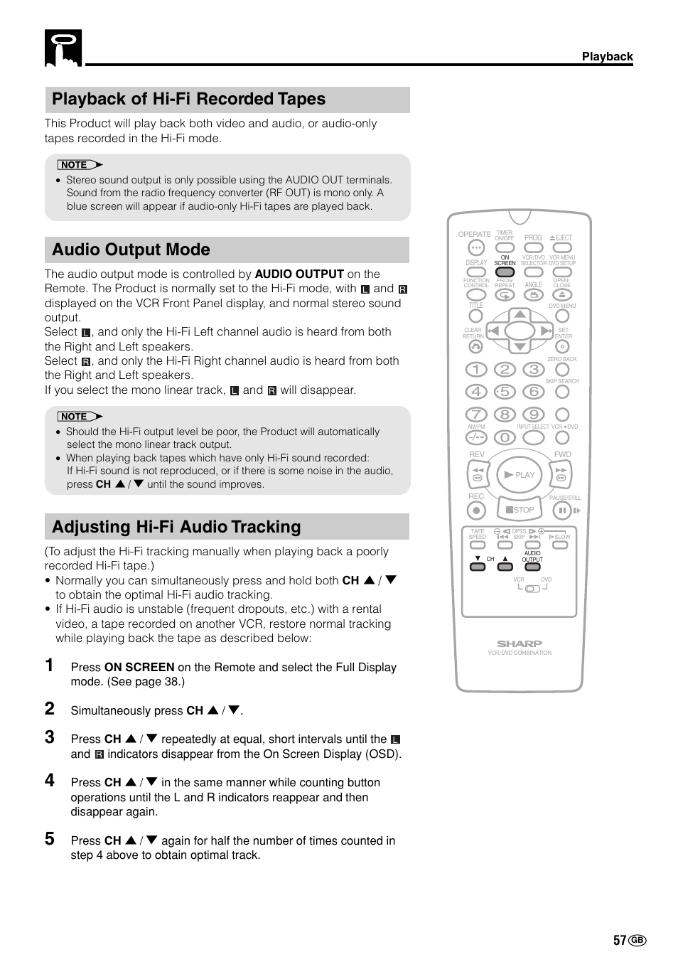 Playback of hi-fi recorded tapes, Audio output mode, Adjusting hi-fi audio tracking | Simultaneously press ch | Sharp DV-NC70(RU) User Manual | Page 59 / 104