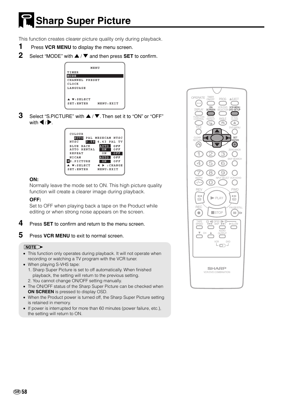 Sharp super picture, Press vcr menu to display the menu screen, Press set to confirm and return to the menu screen | Press vcr menu to exit to normal screen | Sharp DV-NC70(RU) User Manual | Page 60 / 104