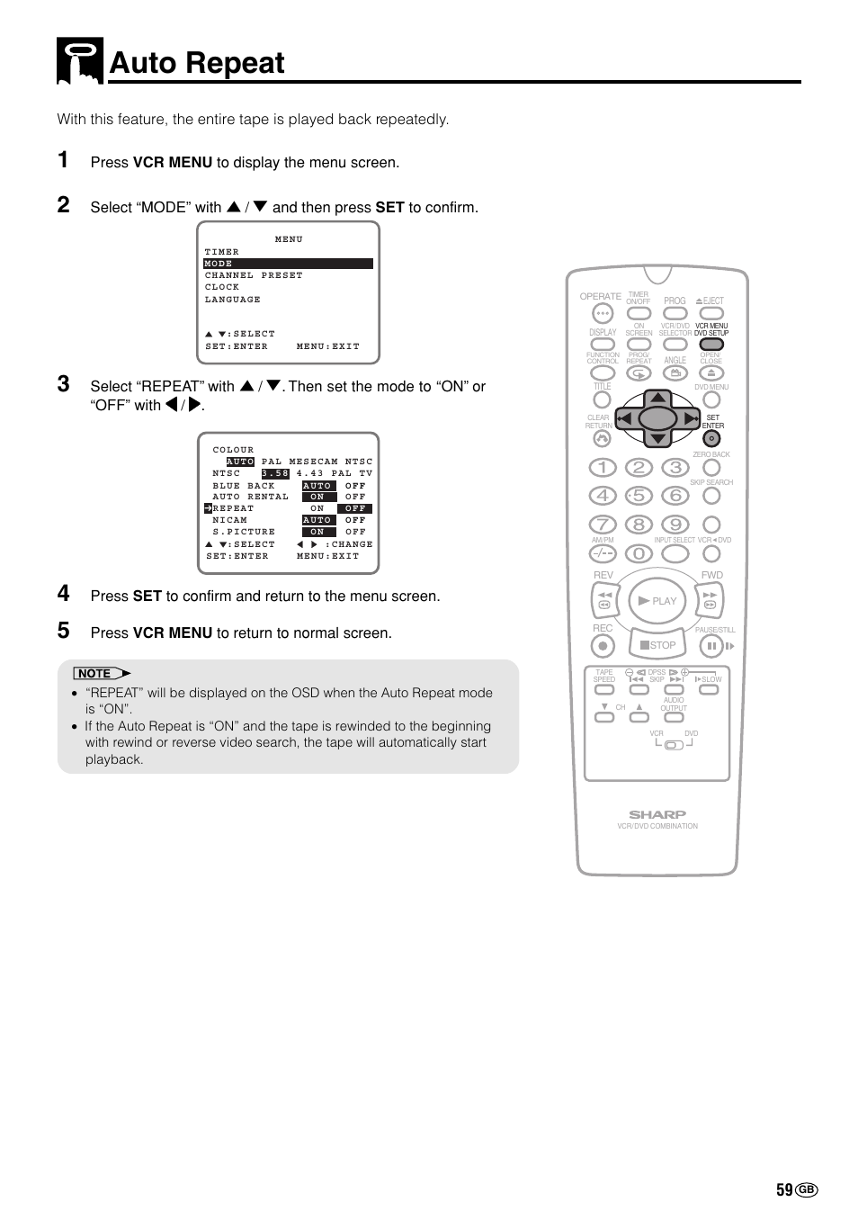 Auto repeat, Press vcr menu to display the menu screen, Press set to confirm and return to the menu screen | Press vcr menu to return to normal screen | Sharp DV-NC70(RU) User Manual | Page 61 / 104