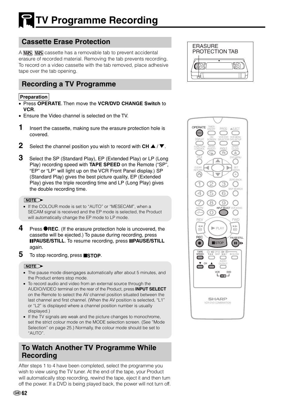 Tv programme recording, Cassette erase protection, Recording a tv programme | Erasure protection tab | Sharp DV-NC70(RU) User Manual | Page 64 / 104