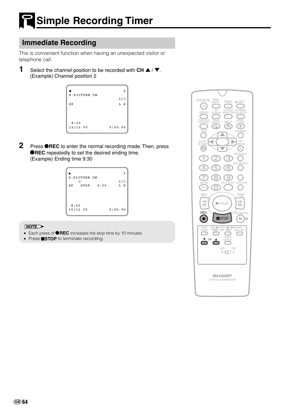 Simple recording timer, Immediate recording | Sharp DV-NC70(RU) User Manual | Page 66 / 104