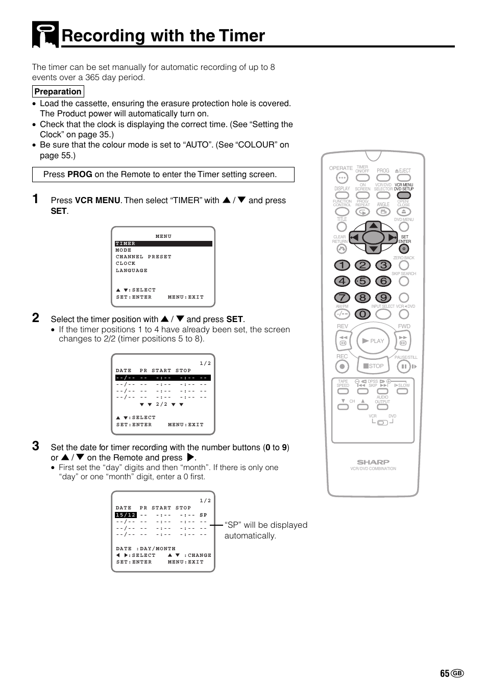 Recording with the timer, Sp” will be displayed automatically | Sharp DV-NC70(RU) User Manual | Page 67 / 104