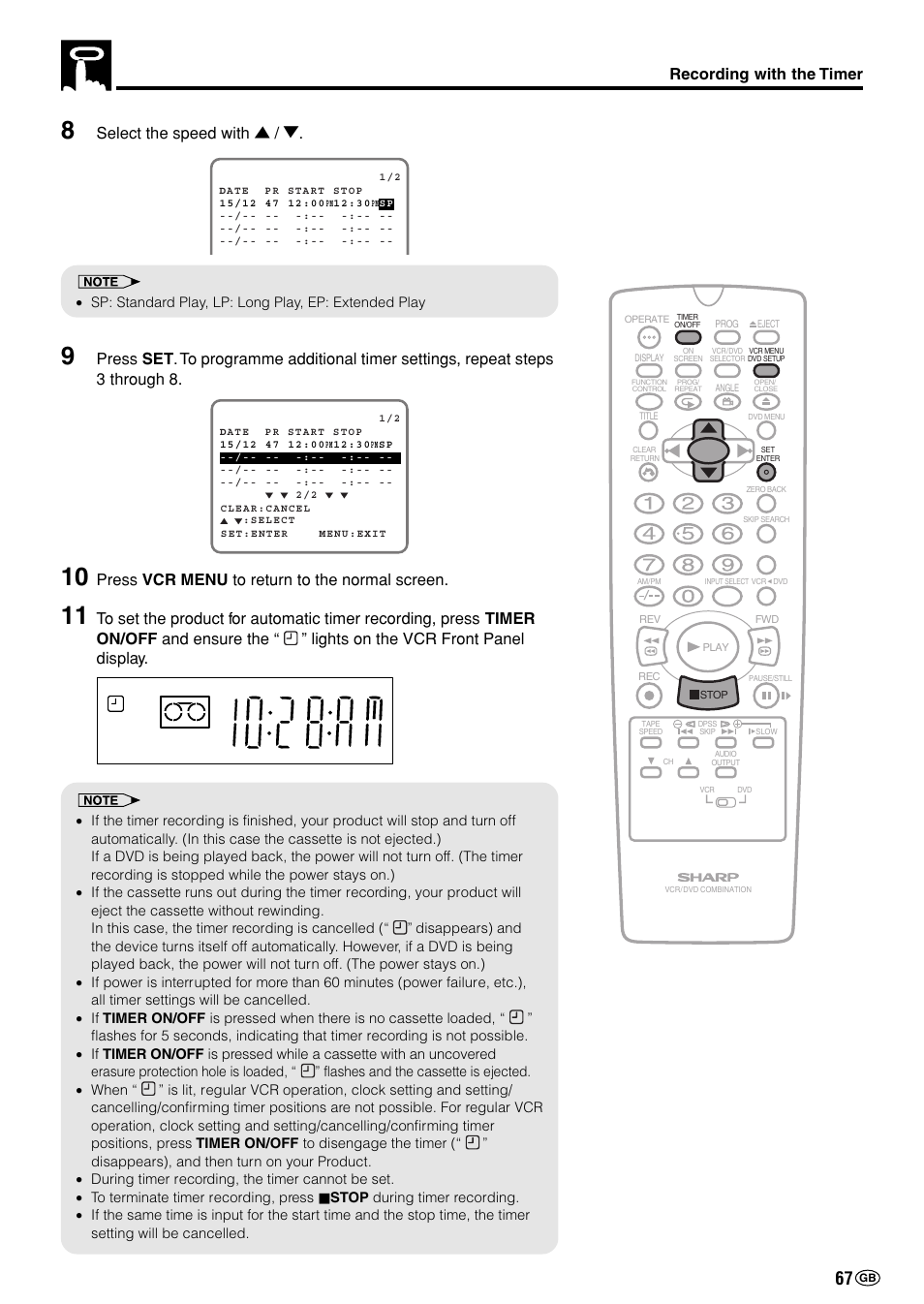 Sepvp d vcr, Select the speed with, Press vcr menu to return to the normal screen | Recording with the timer | Sharp DV-NC70(RU) User Manual | Page 69 / 104