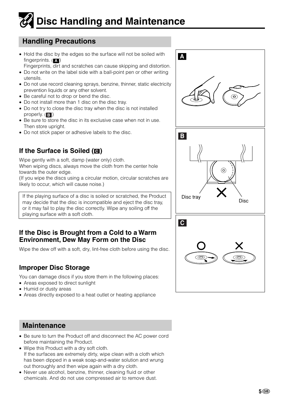 Disc handling and maintenance, Handling precautions, Maintenance | If the surface is soiled, Improper disc storage | Sharp DV-NC70(RU) User Manual | Page 7 / 104