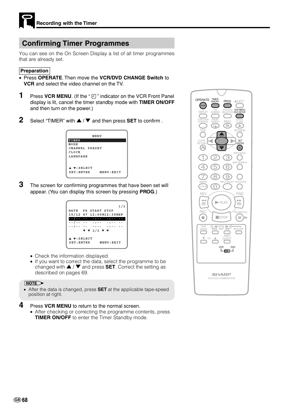 Confirming timer programmes | Sharp DV-NC70(RU) User Manual | Page 70 / 104