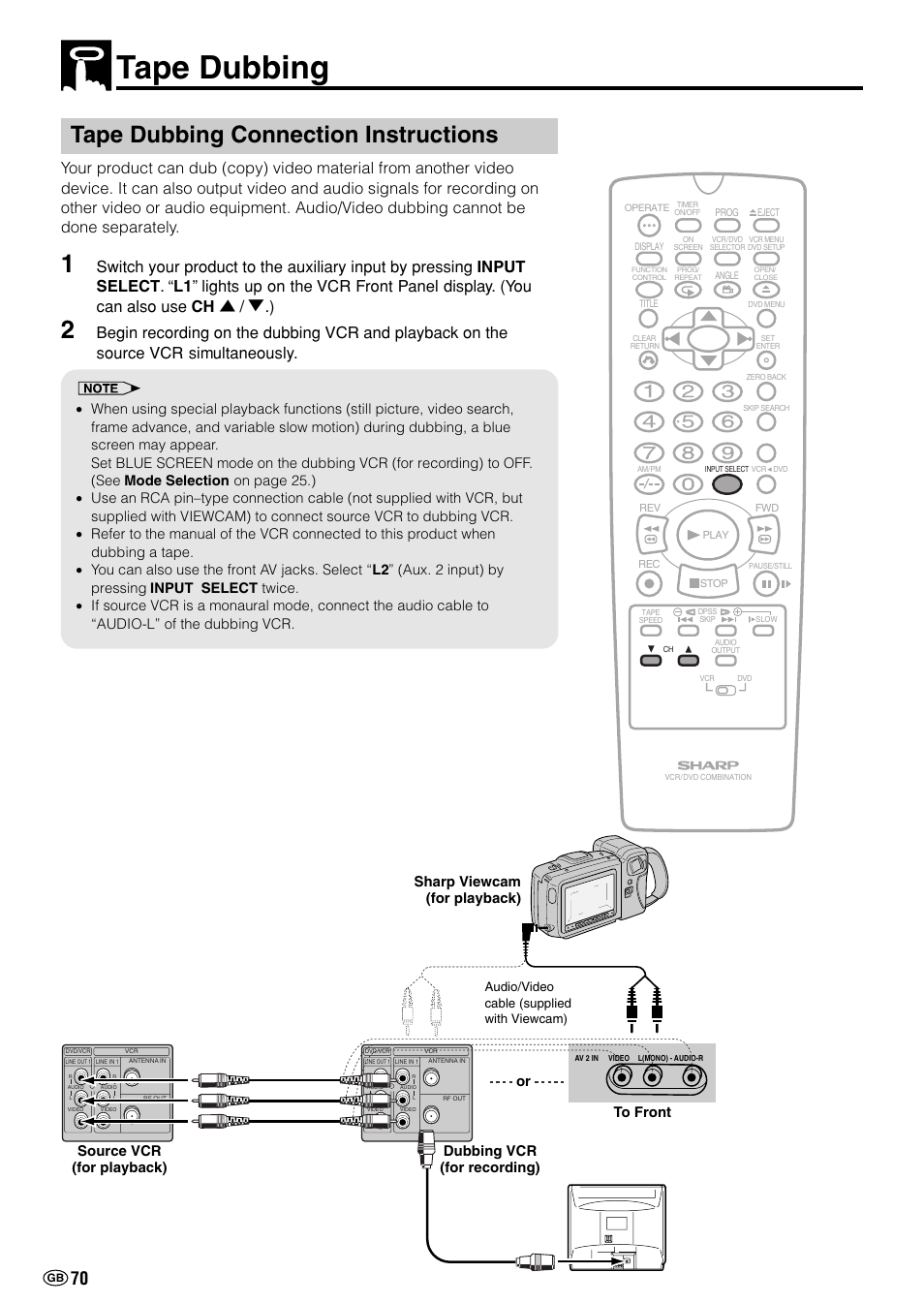 Tape dubbing, Tape dubbing connection instructions | Sharp DV-NC70(RU) User Manual | Page 72 / 104