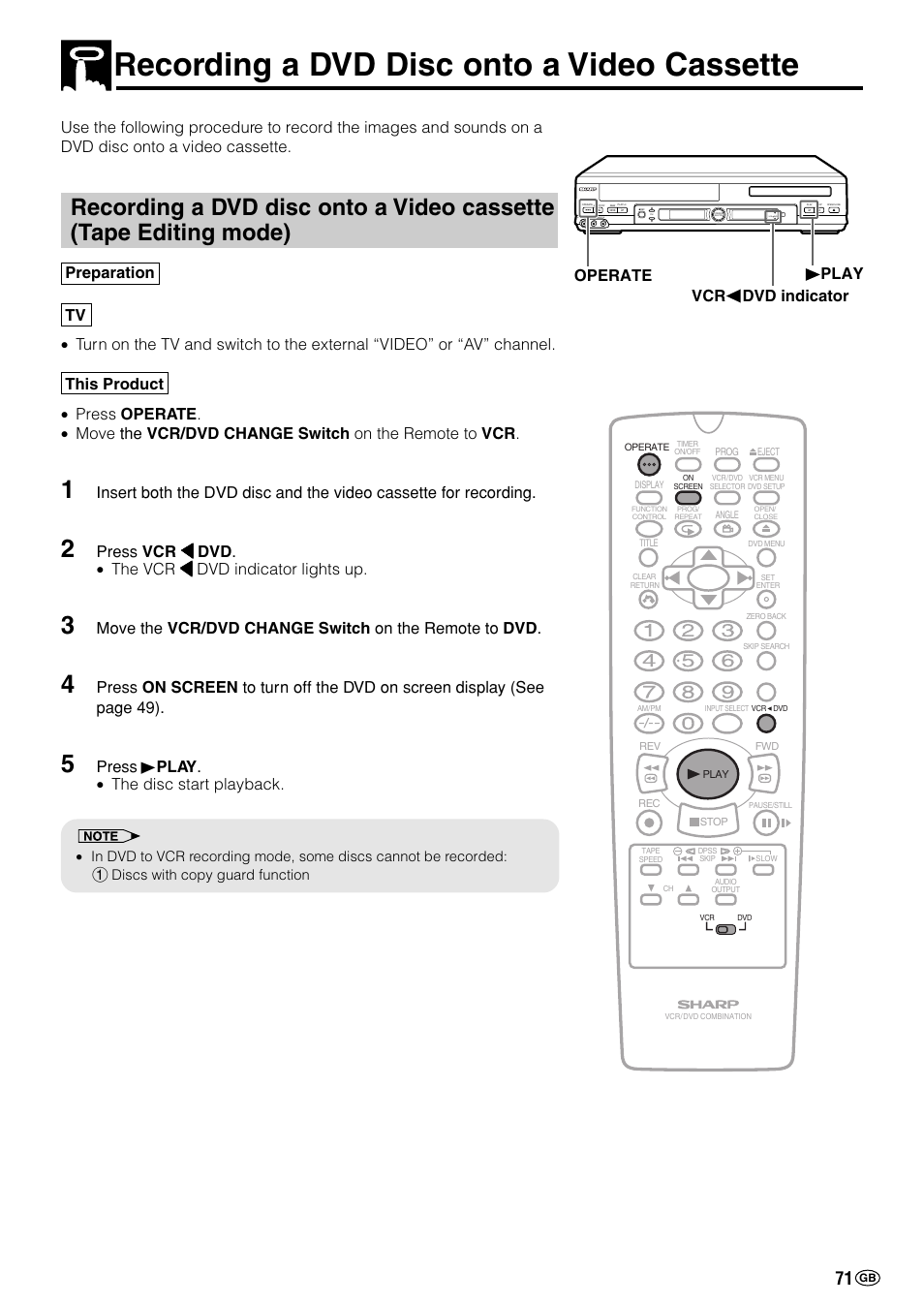 Recording a dvd disc onto a video cassette, Press û play . • the disc start playback, Operate vcr dvd indicator play | Sharp DV-NC70(RU) User Manual | Page 73 / 104