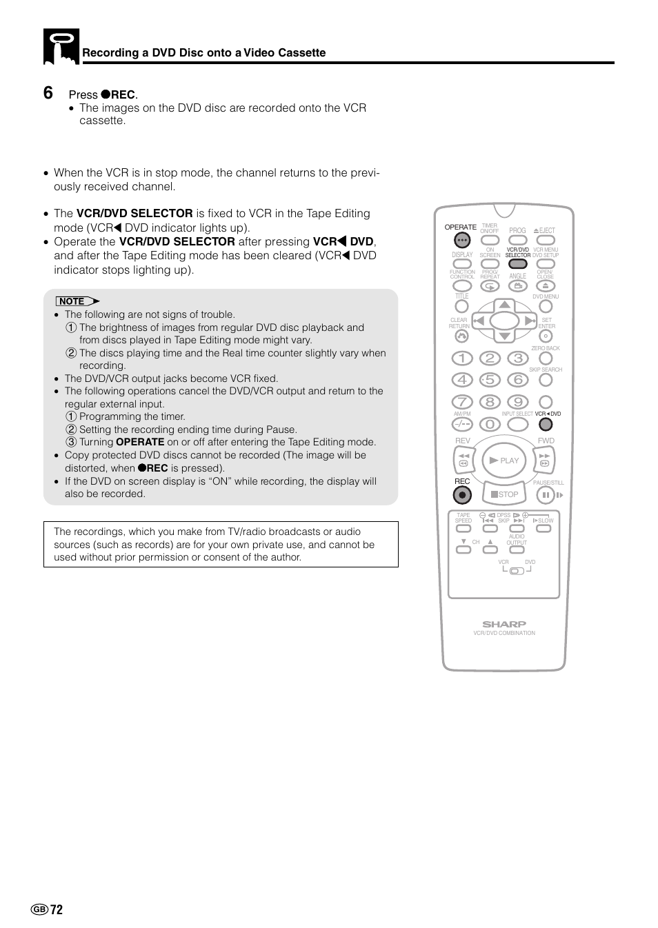 Dvd indicator stops lighting up), Recording a dvd disc onto a video cassette | Sharp DV-NC70(RU) User Manual | Page 74 / 104