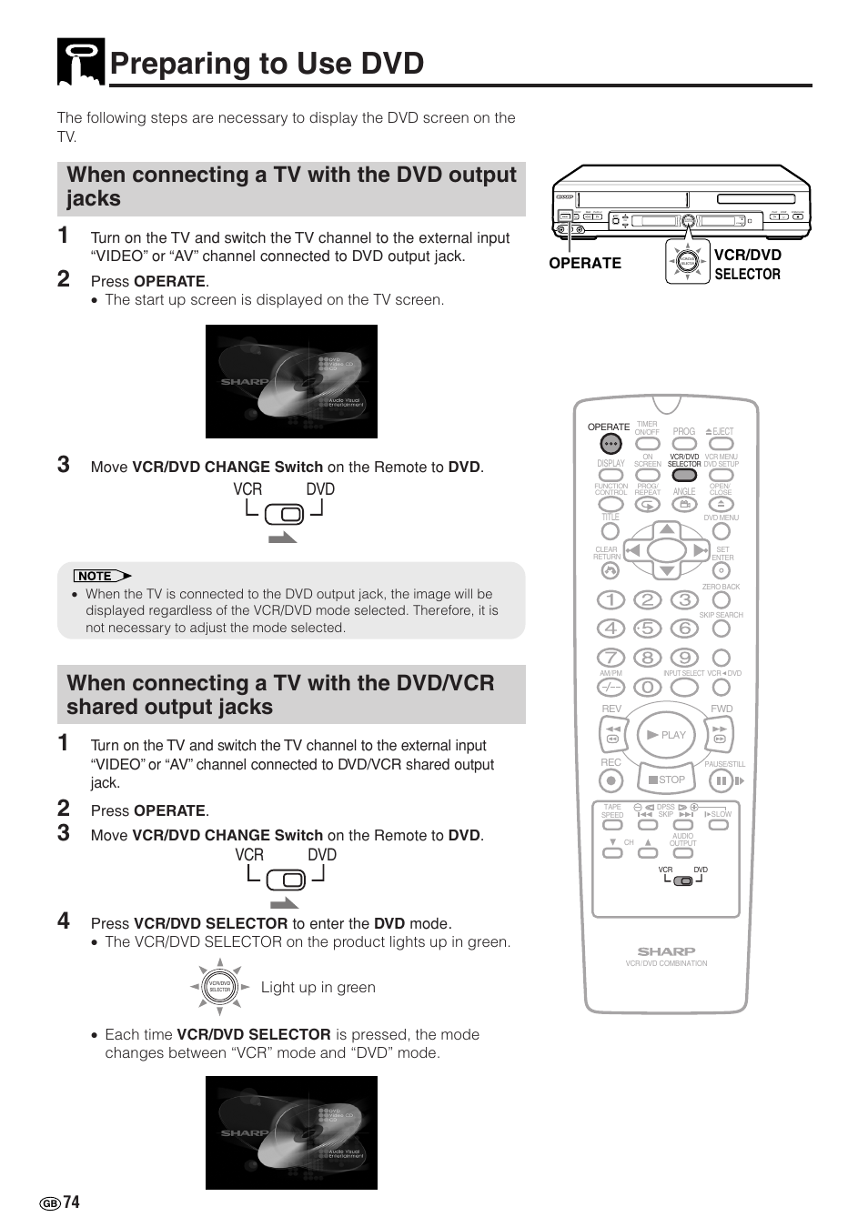 Preparing to use dvd, When connecting a tv with the dvd output jacks, Vcr dvd vcr dvd | Move vcr/dvd change switch on the remote to dvd, Press operate, Light up in green | Sharp DV-NC70(RU) User Manual | Page 76 / 104