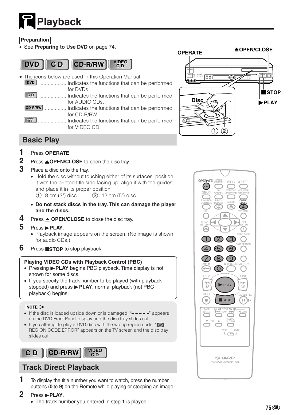 Playback, Basic play, Track direct playback | Cd-r/rw, Disc | Sharp DV-NC70(RU) User Manual | Page 77 / 104