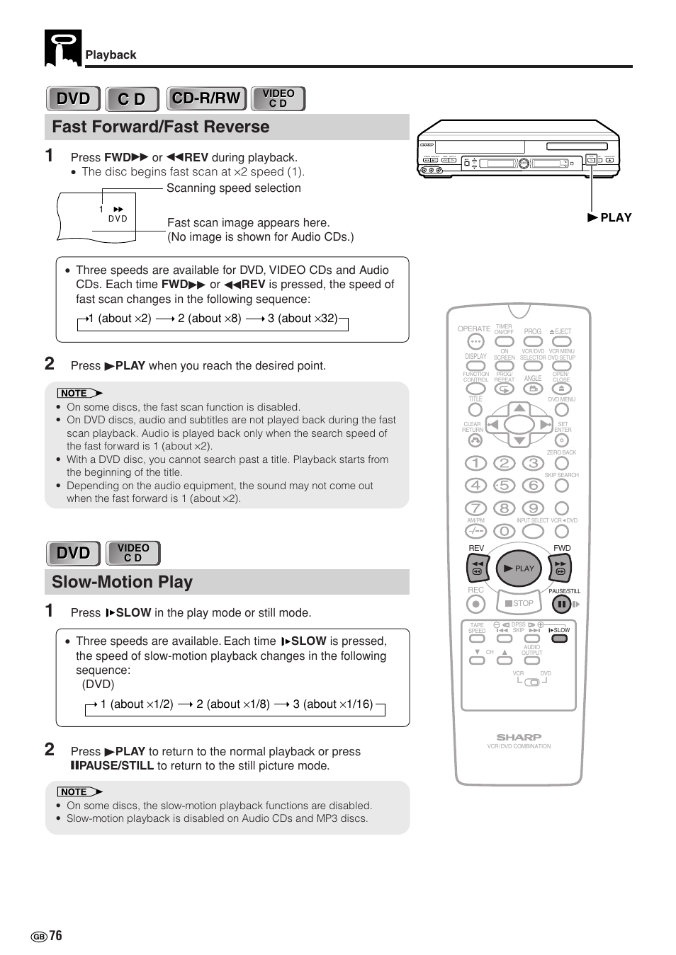 Fast forward/fast reverse, Slow-motion play, Cd-r/rw | Playback, Press û play when you reach the desired point, Play | Sharp DV-NC70(RU) User Manual | Page 78 / 104