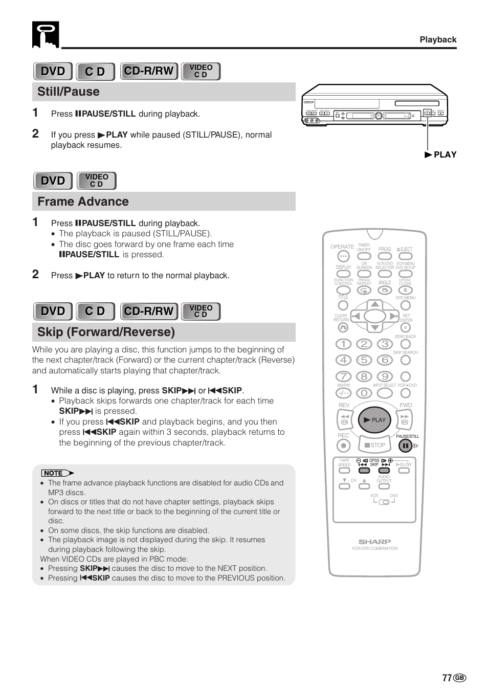 Still/pause 1, Frame advance 1, Skip (forward/reverse) | Cd-r/rw, Playback, Press â pause/still during playback, Press û play to return to the normal playback, Play | Sharp DV-NC70(RU) User Manual | Page 79 / 104