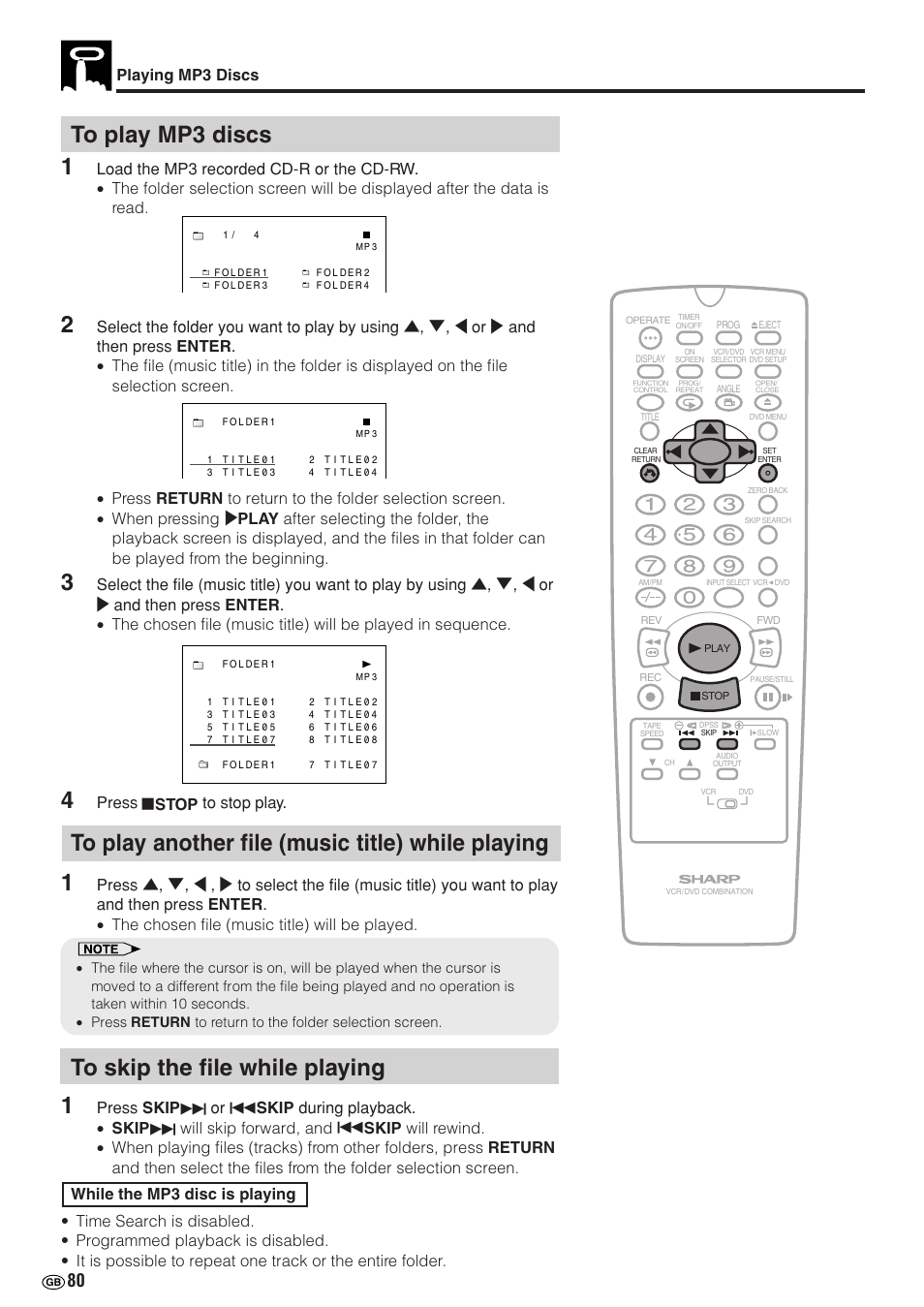 Playing mp3 discs, Press ë stop to stop play | Sharp DV-NC70(RU) User Manual | Page 82 / 104