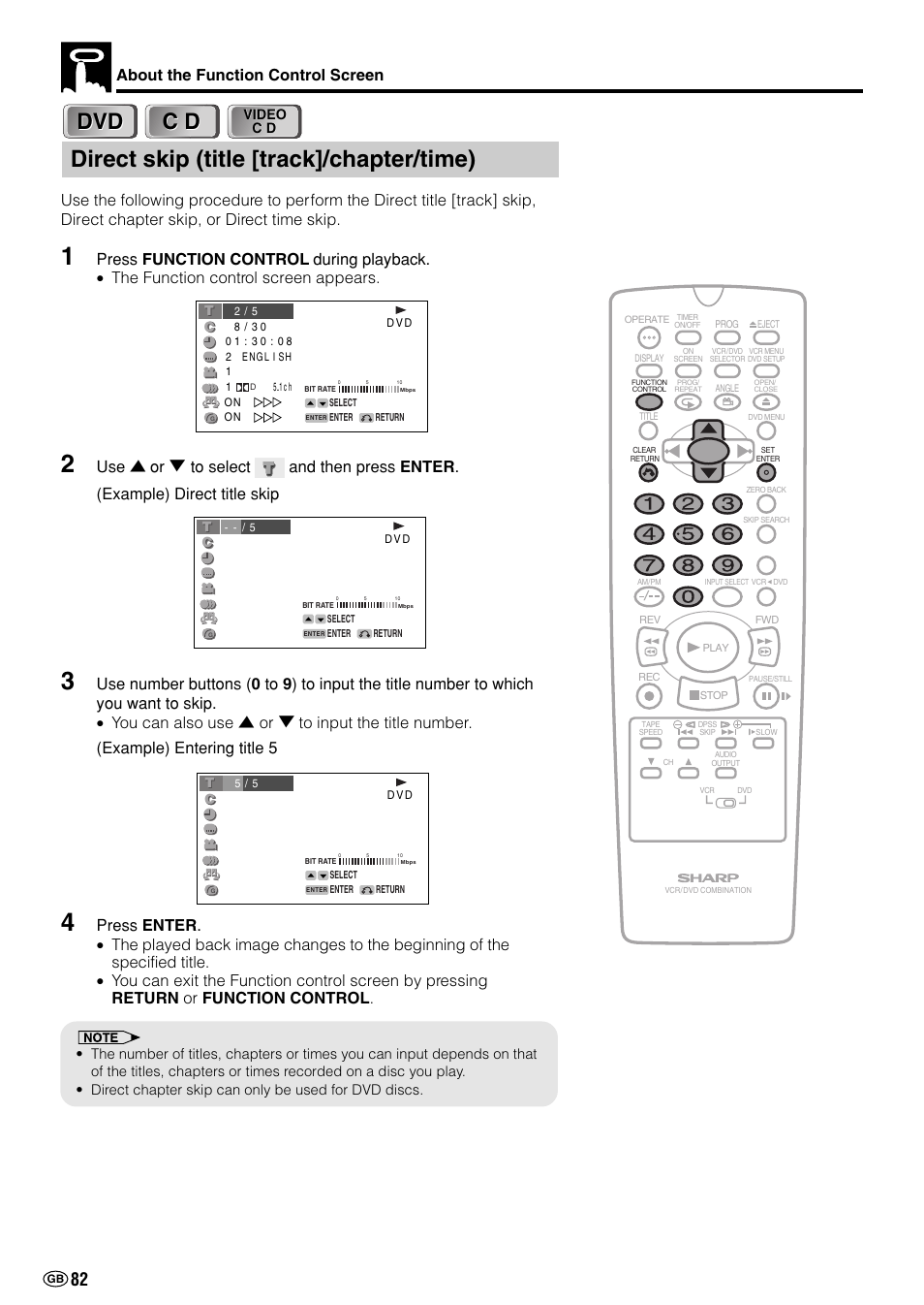 Direct skip (title [track]/chapter/time), About the function control screen | Sharp DV-NC70(RU) User Manual | Page 84 / 104