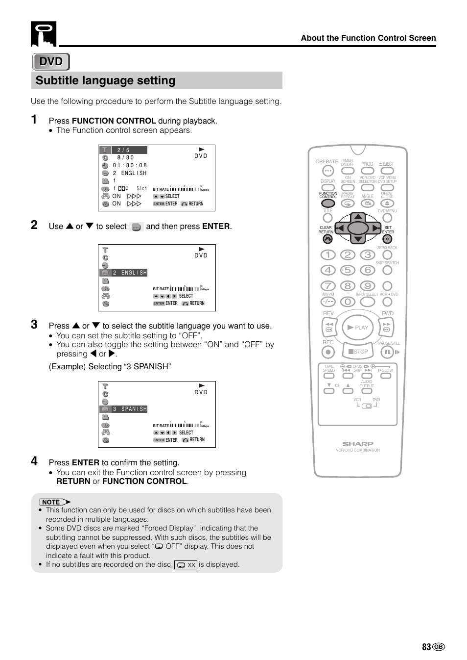 Subtitle language setting, About the function control screen, Use ' or 