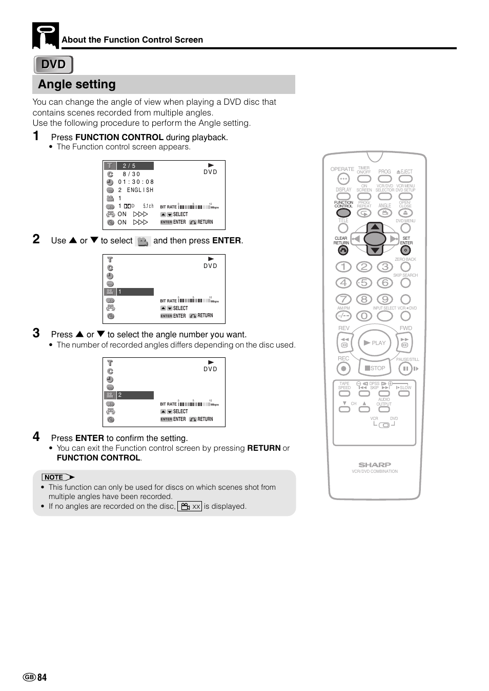 Angle setting, About the function control screen, Press function control during playback | Use ' or 