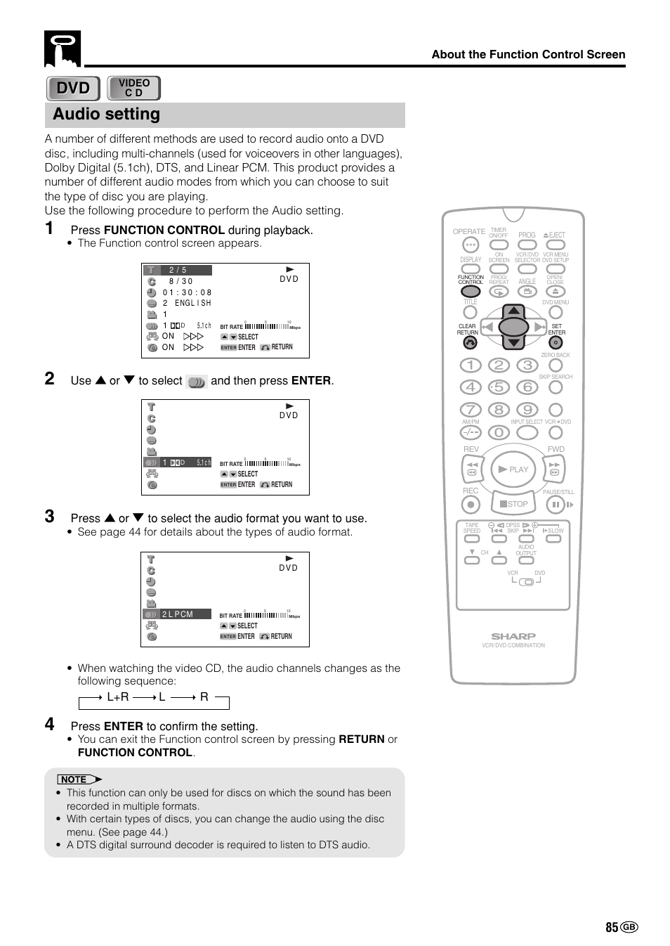 Audio setting, About the function control screen, Press function control during playback | Use ' or 