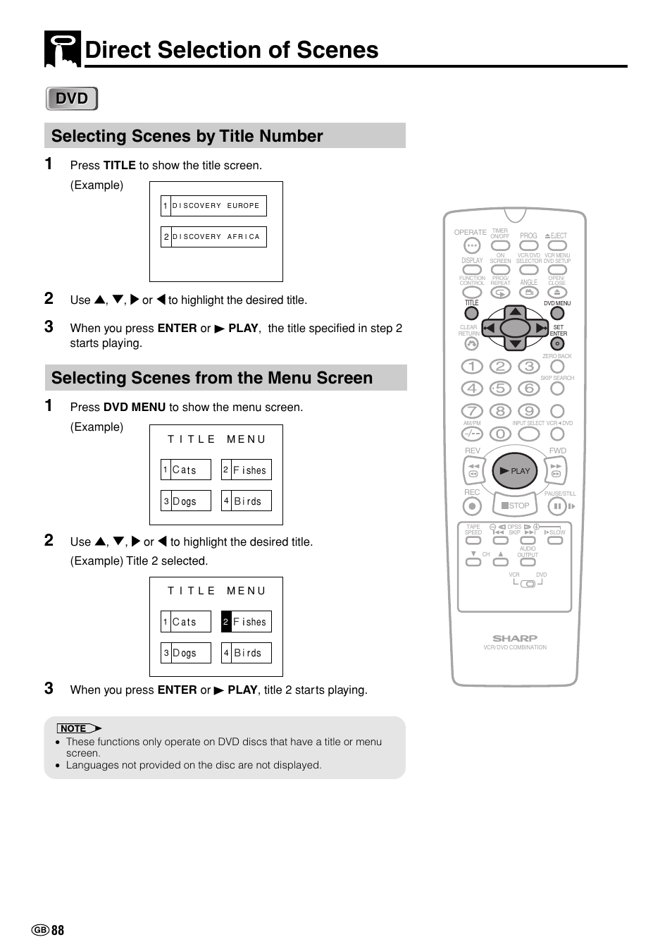 Direct selection of scenes, Selecting scenes by title number 1, Selecting scenes from the menu screen 1 | Sharp DV-NC70(RU) User Manual | Page 90 / 104