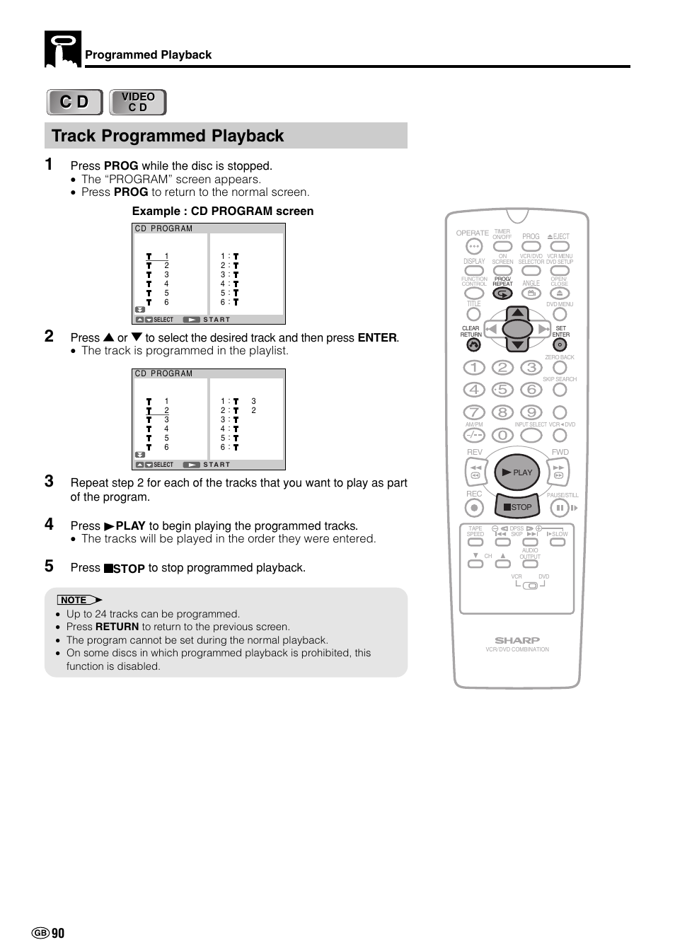 Track programmed playback 1, Programmed playback, Example : cd program screen | Sharp DV-NC70(RU) User Manual | Page 92 / 104