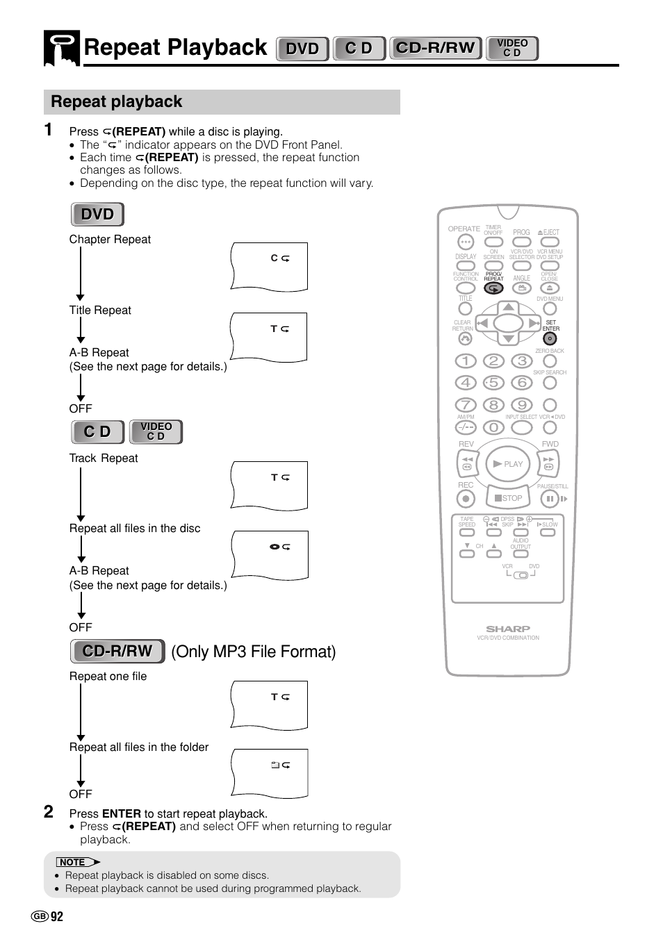 Repeat playback, Only mp3 file format), Cd-r/rw | Sharp DV-NC70(RU) User Manual | Page 94 / 104