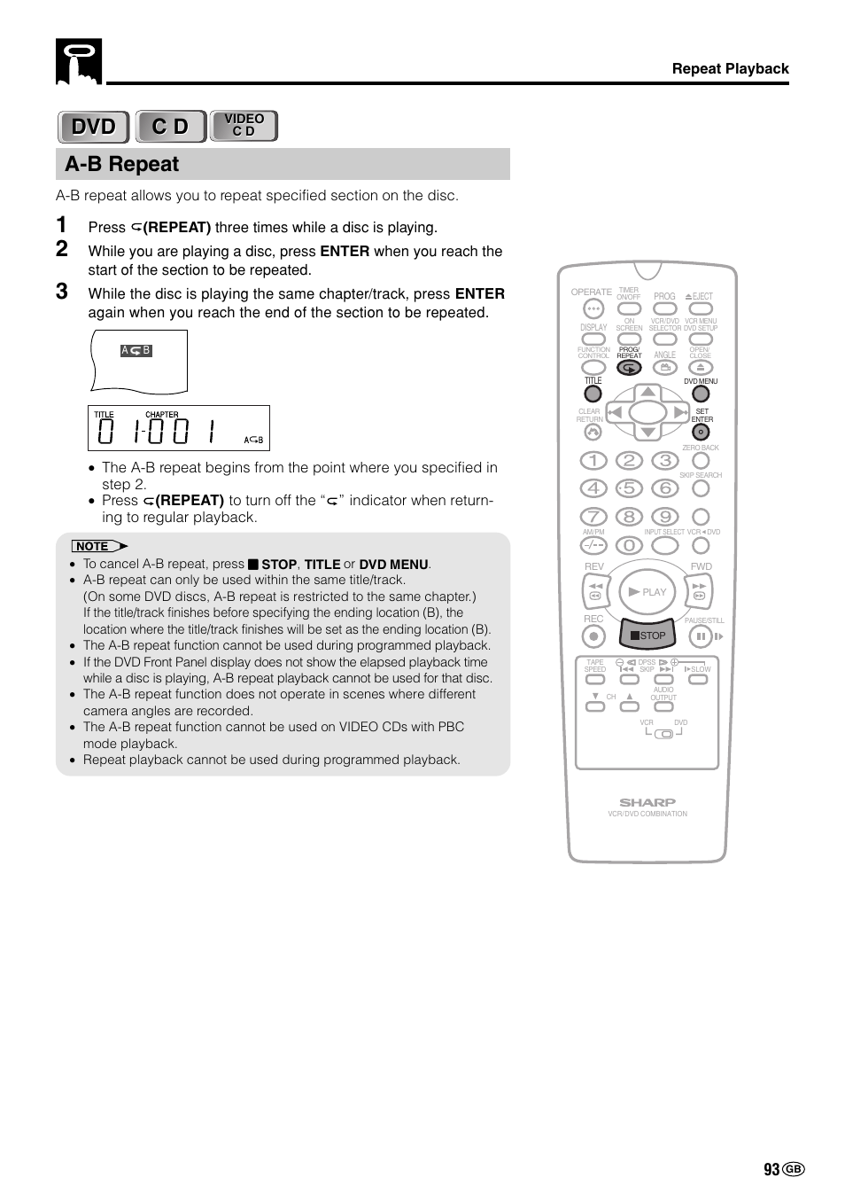 Repeat playback, Press (repeat) three times while a disc is playing | Sharp DV-NC70(RU) User Manual | Page 95 / 104