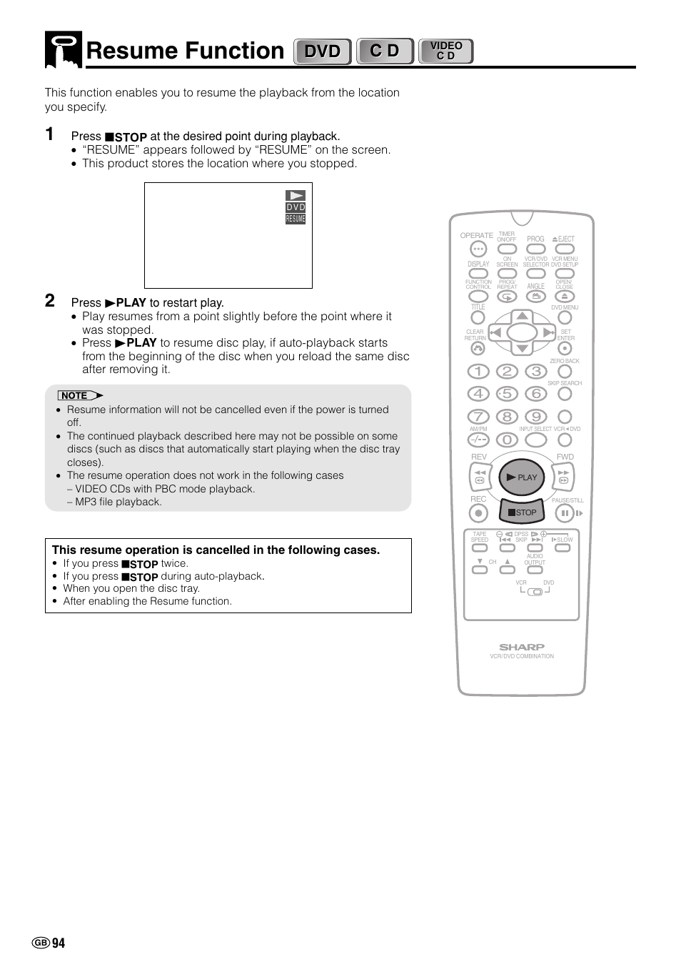 Resume function | Sharp DV-NC70(RU) User Manual | Page 96 / 104