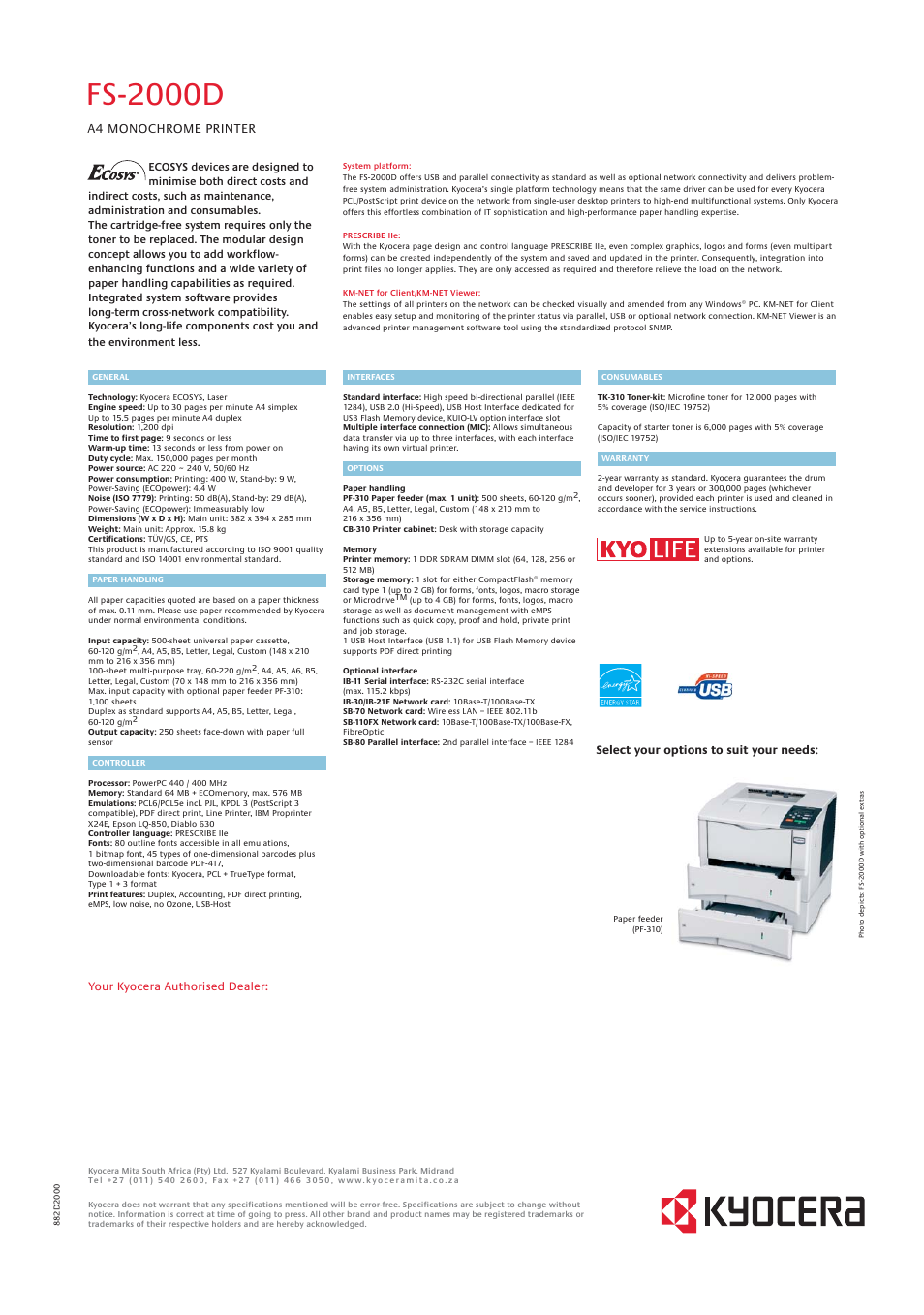 Fs-2000d, A4 monochrome printer | Kyocera FS 2000D  A4 User Manual | Page 2 / 2