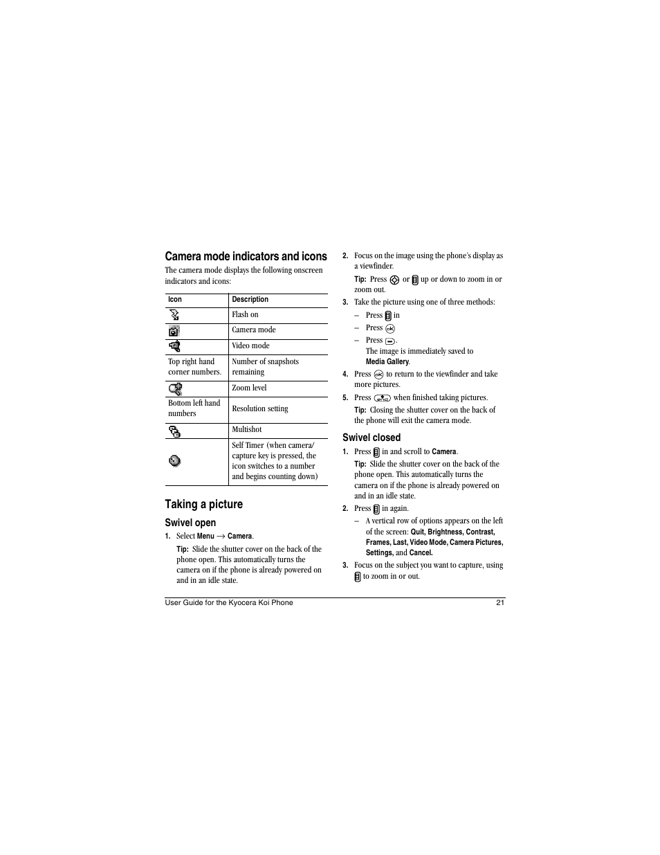 Camera mode indicators and icons, Taking a picture | Kyocera Koi User Manual | Page 27 / 72