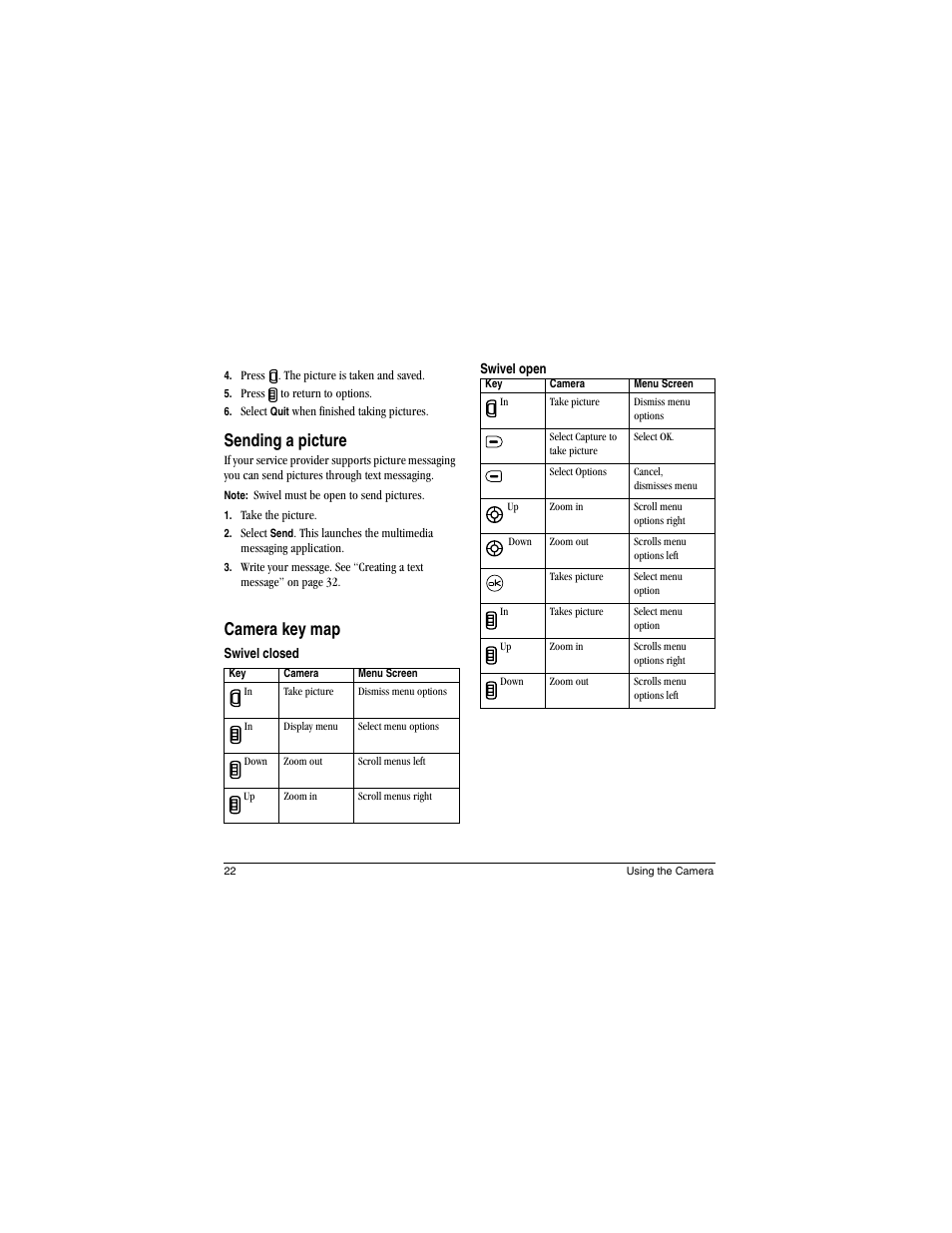 Sending a picture, Camera key map | Kyocera Koi User Manual | Page 28 / 72