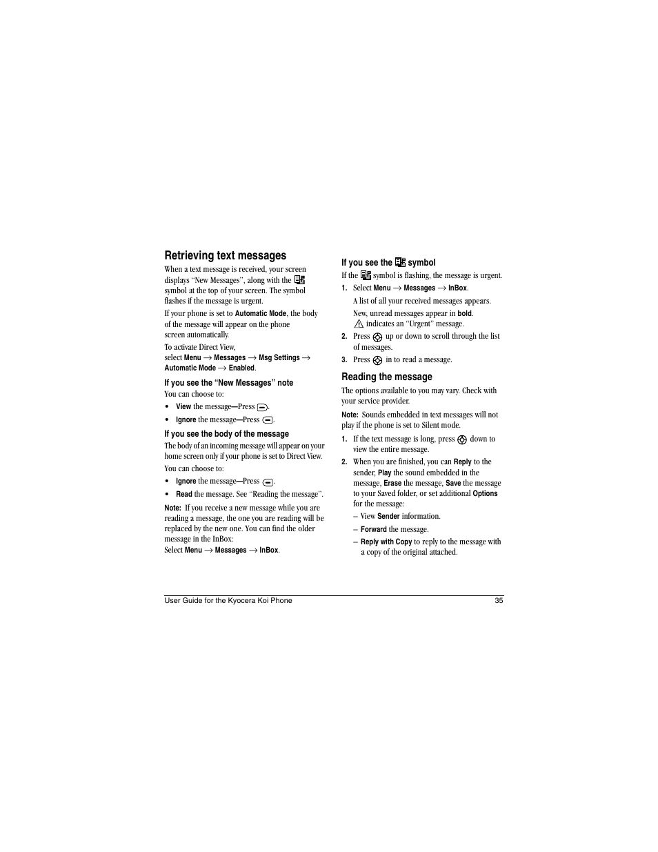 Retrieving text messages | Kyocera Koi User Manual | Page 41 / 72