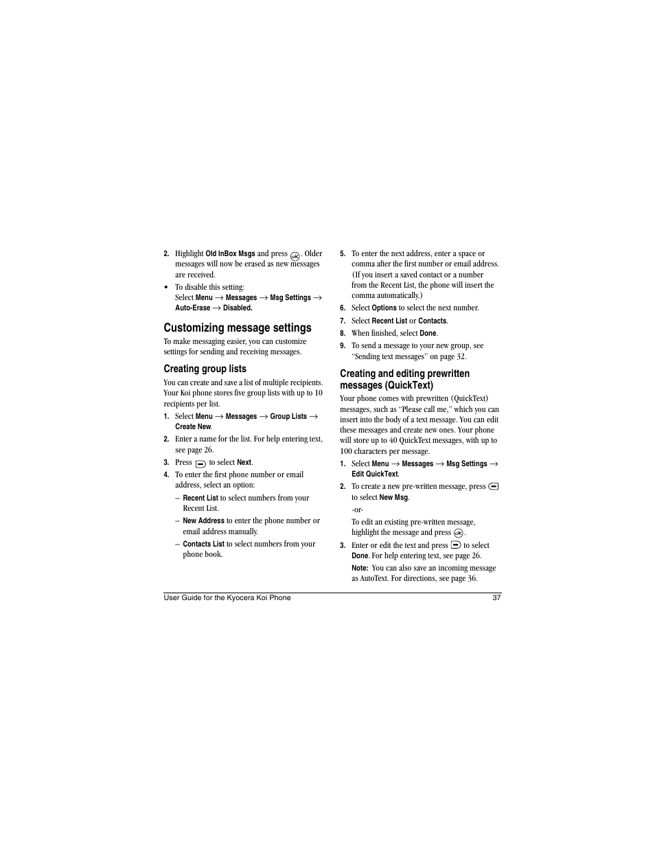 Customizing message settings | Kyocera Koi User Manual | Page 43 / 72