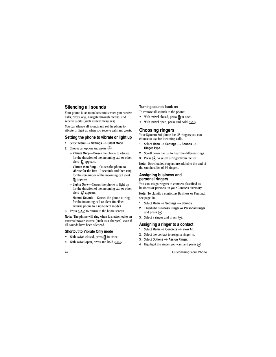 Silencing all sounds, Choosing ringers | Kyocera Koi User Manual | Page 48 / 72